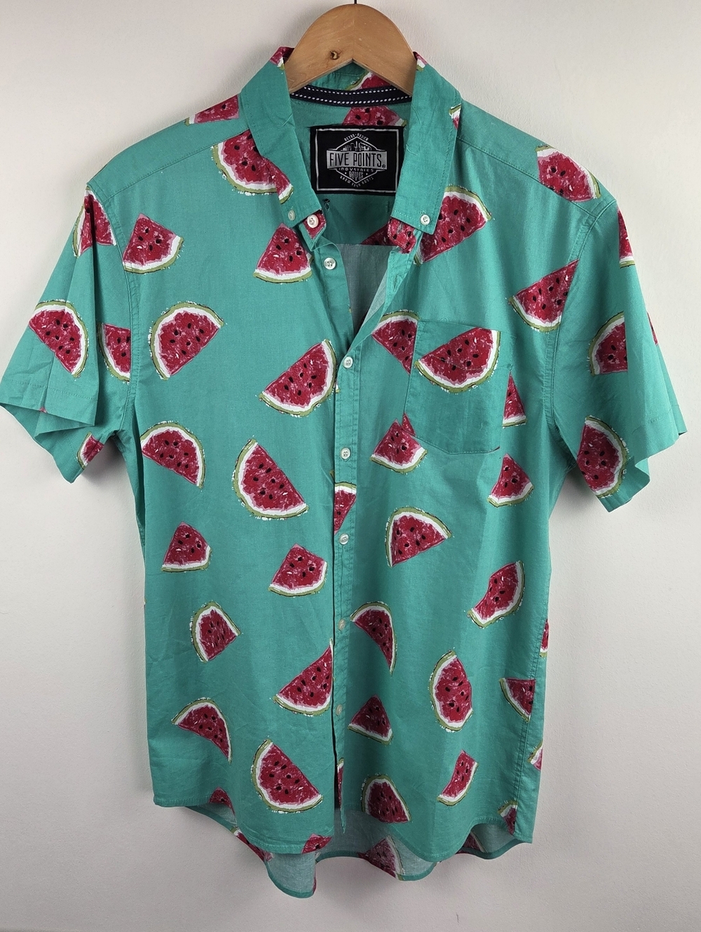 Five Points Watermelon Shirt Mens Small Green Short Sleeve Button Up All Over